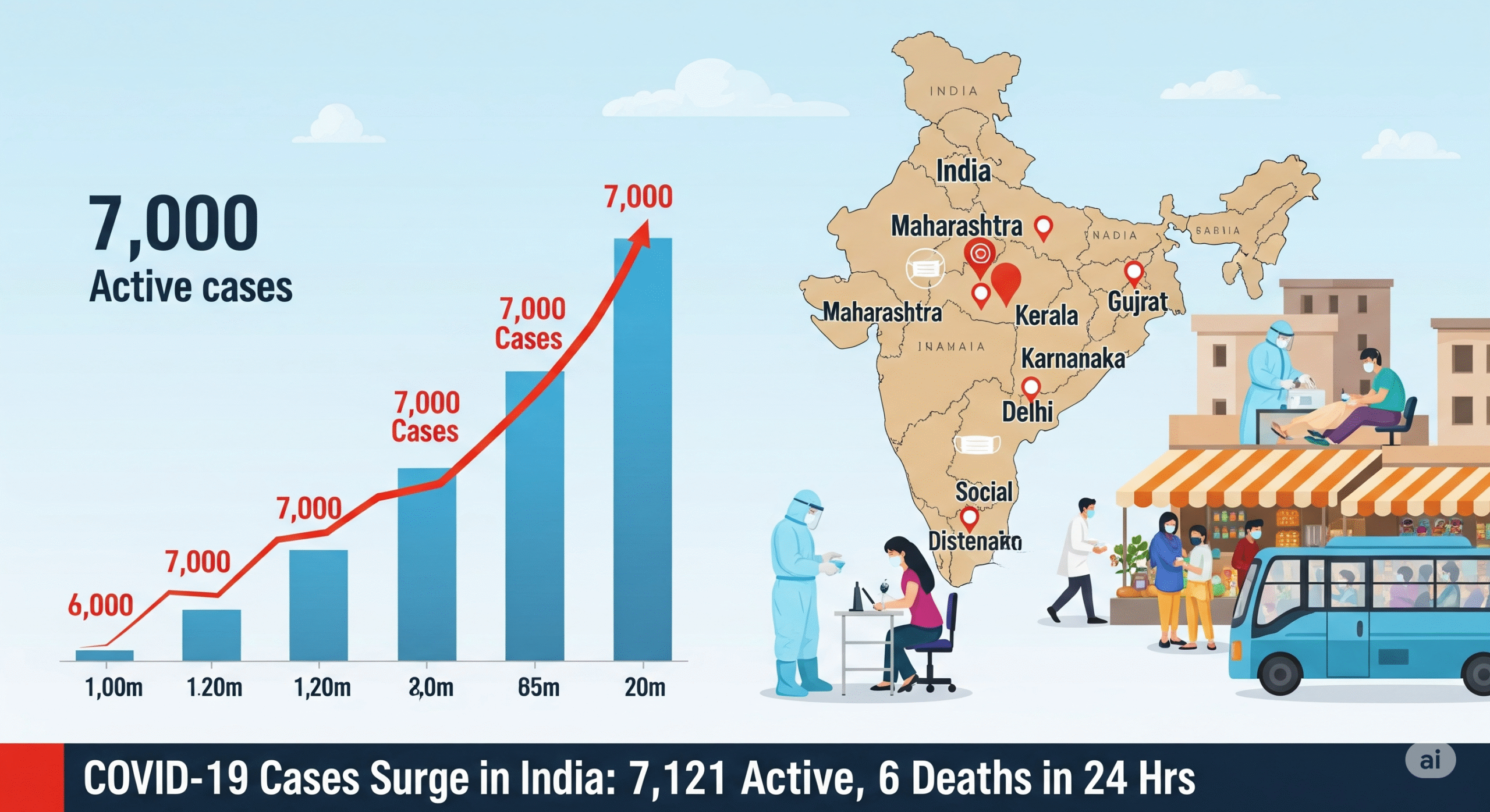 COVID-19 Surge in India: Active Cases Cross 7,000 Mark, 6 Deaths Reported